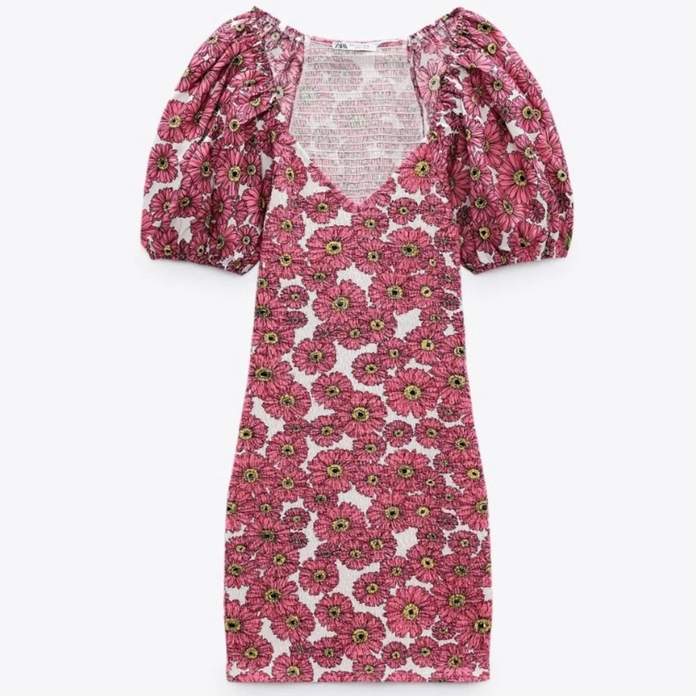 NEW ZARA PRINTED BALLOON SLEEVE DRESS MINI WOMENS SIZE S V NECK FLORAL SMOCKED - Picture 3 of 5
